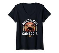 Womens Mondulkiri Cambodia Sunset, Fun Temple and Elephant Design V-Neck T-Shirt