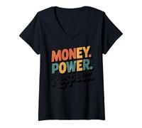 Womens Money Power Respect Motivational Retro Quote V-Neck T-Shirt