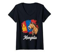 Women's Mongolia Wild Horse Roaring Flag Soyombo Design V-Neck T-Shirt
