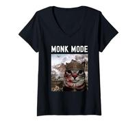 Women's Monk Mode Funny Discipline Focus Motivational Cat Meme V-Neck T-Shirt