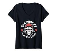 Womens Monkey Bad Choices Make Good Stories V-Neck T-Shirt