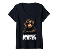 Women's Monkey Business in Leather Jacket and Sunglasses. V-Neck T-Shirt