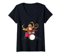 Womens Monkey Playing Drums Drummer Band The Animal V-Neck T-Shirt