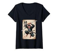 Womens Monkey Samurai Japan Warrior Vintage Streetwear Art V-Neck T-Shirt