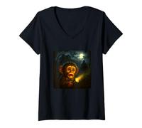 Womens Monkey Scary Horror Night Flashlight Halloween Ghost V-Neck T-Shirt