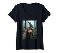 Womens Monkey Selfie with Dinosaur - Jurassic Mayhem V-Neck T-Shirt