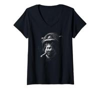 Women's Monkey Smoking Cigar Y2K Vintage Wash V-Neck T-Shirt