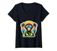 Womens Monkey Sunglasses Tropical Holiday Summer Vacation Beach Sun V-Neck T-Shirt