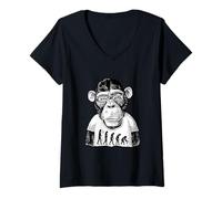 Womens Monkey with Glasses and Funny Theory of Contrary Evolution V-Neck T-Shirt