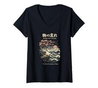 Women's Mono No Aware Japanese Cherry Blossom Ocean Waves Art V-Neck T-Shirt