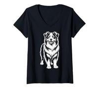 Women's Monochrome Australian Shepherd Standing Full Body Art Icon V-Neck T-Shirt