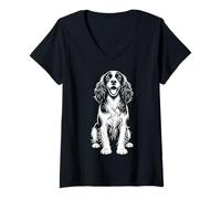 Women's Monochrome Cocker Spaniel Sitting Dog Line Art Design V-Neck T-Shirt