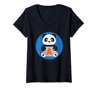 Womens Monogram A with Illustrated Panda - Cute V-Neck T-Shirt