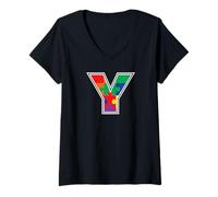 Women's Monogram Y in Multi Color Puzzle Pieces V2 V-Neck T-Shirt