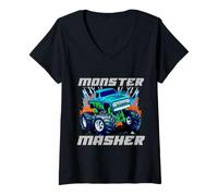 Womens Monster Masher Big Tire Truck with Flames and Tools V-Neck T-Shirt
