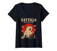 Womens Monster Meme City Invasion Parody Art Sunset Japanese Cat V-Neck T-Shirt