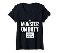 Womens Monster On Duty Night Shift Funny Bold Workplace Text Design V-Neck T-Shirt