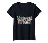 Womens Monster Trucks Filled Text Design for Kids Boys V-Neck T-Shirt