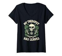 Women's Monstera Plant Lover Skeleton My Therapist Has Leaves V-Neck T-Shirt