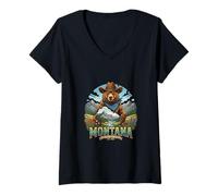 Women's Montana Big Sky Bear Mountain Landscape Vibes V-Neck T-Shirt