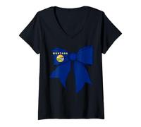 Womens Montana State Flag Girl Coquette Bow Ribbon V-Neck T-Shirt