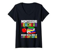 Womens Montessori Teacher Teach Because We All Grow V-Neck T-Shirt