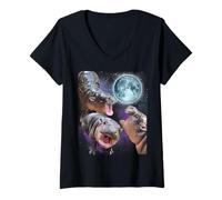 Womens Moo-Deng 3 Hippos Moon Howling Hippo Head Cute Baby Hippo V-Neck T-Shirt