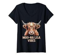 Women's MOO-NA Lisa Vibes Highland Cow Funny Punny Renaissance V-Neck T-Shirt