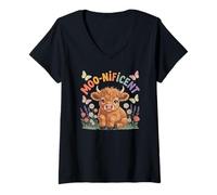 Women's Moo-nificent Cute Highland Cow Calf & Flowers V-Neck T-Shirt