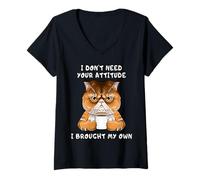 Womens Moody Cat Coffee Attitude Morning Humor Quote V-Neck T-Shirt