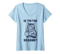 Womens Moody Cat is Tis The Season Funny Anti Fall Vibe V-Neck T-Shirt