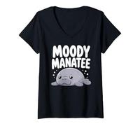 Women's Moody Manatee Funny Grumpy Sea Cow Ocean Animal V-Neck T-Shirt
