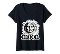 Women's Moon Celestial Face Design - Vintage Woodcut Crescent Moon V-Neck T-Shirt