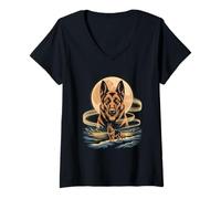 Women's Moon German Shepherd Spirit Mountain Night V-Neck T-Shirt