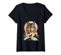 Women's Moon Howling Wolf Landscape Scene Mountain V-Neck T-Shirt