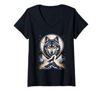 Women's Moon Howling Wolf Mystic Mountain Night V-Neck T-Shirt