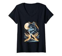 Women's Moon Howling Wolf Night Scene Mountain V-Neck T-Shirt
