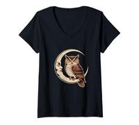 Womens Moon Owl Half Moon Owl Bird Animal Nature Artful Creative V-Neck T-Shirt