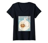 Women's Moon Rabbit Mochi Maker Celestial Mid-Autumn Festival Art V-Neck T-Shirt