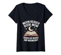 Women's Moon Reader Book Mom Guided By Books and Moonlight V-Neck T-Shirt
