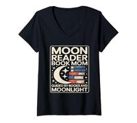 Women's Moon Reader Book Mom Guided By Books and Moonlight V-Neck T-Shirt