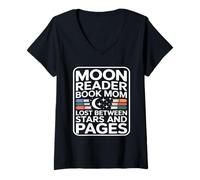 Women's Moon Reader Book Mom Lost Between Stars and Pages V-Neck T-Shirt