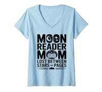 Women's Moon Reader Book Mom Lost Between Stars and Pages V-Neck T-Shirt