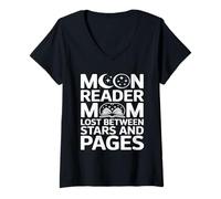 Women's Moon Reader Book Mom Lost Between Stars and Pages V-Neck T-Shirt