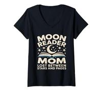Women's Moon Reader Book Mom Lost Between Stars and Pages V-Neck T-Shirt