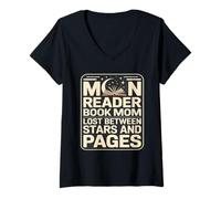 Women's Moon Reader Book Mom Lost Between Stars and Pages V-Neck T-Shirt