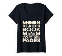 Women's Moon Reader Book Mom Lost Between Stars and Pages V-Neck T-Shirt