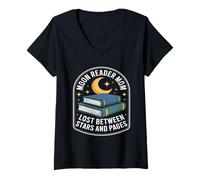 Women's Moon Reader Mom Lost Between Stars and Pages V-Neck T-Shirt