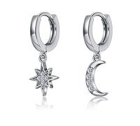 Womens Moon Star Dangle Small Hoop Cubic Zirconia Earrings Girls Sterling Silver Crystal Asymmetrical Snowflake Crescent Drop Mini Cartilage Clip Jewelry Delicate Birthday Gifts (Silver)