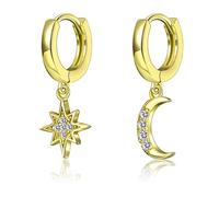 Womens Moon Star Dangle Small Hoop Cubic Zirconia Earrings Girls Sterling Silver Crystal Asymmetrical Snowflake Crescent Drop Mini Cartilage Clip Jewelry Delicate Birthday Gifts (Gold)